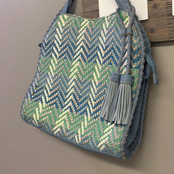 Steven by Steve Madden Blue Basketweave Shoulder Purse w/ Hanging Tassels- large - Picture 2 of 16